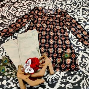 Xhilaration Shirt Size M Navy Blue, Coral and Cream Color Boho pattern